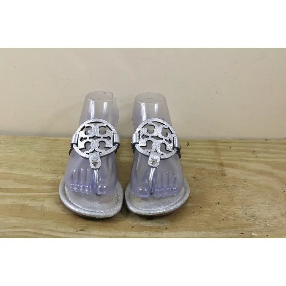 Tory Burch Sandals 7.5M Silver Leather Miller Logo Thong Shoes Flats